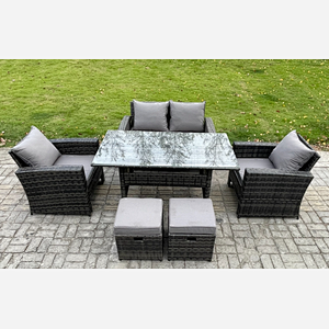 Fimous 6 Seater PE Wicker Outdoor Garden Furniture Set Patio Furniture Rattan Rectangular Dining Table Lounge Sofa with 2 Small Footstools