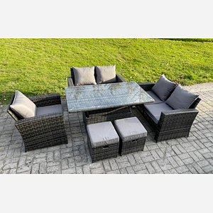 Fimous 7 Seater Rattan Outdoor Garden Furniture Sofa Set with 2 Small Footstool Dark Grey Mixed