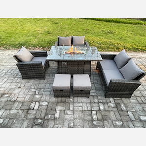 Fimous 7 Seater Rattan Outdoor Garden Furniture Gas Fire Pit Table Sets Gas Heater with Love Sofa Armchair 2 Small Footstools Dark Mixed Grey