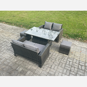 Fimous 5 Pieces Garden Furniture Sets Poly Rattan Outdoor Patio Height Adjustable Rising Lifting Table Sofa Dining Set with 2 Small Footstools