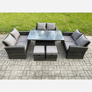Fimous Wicker PE Rattan Garden Furniture Set Height Adjustable Rising Lifting Table Sofa Dining Set with Double Seat Sofa 2 Small Footstools Dark Grey Mixed