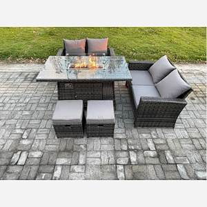 Fimous 5 Pieces Garden Furniture Sets Poly Rattan Outdoor Patio Gas Firepit Dining Table Sofa Set with 2 Small Footstools