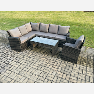 Fimous 7 Seat Rattan Garden Furniture Corner Sofa Set Outdoor Patio Chair Sofa Table Set Dark Grey Mixed