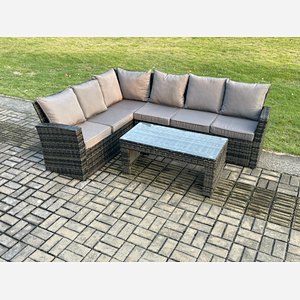 Fimous 6 Seat Rattan Garden Furniture Corner Sofa Set Outdoor Patio Sofa Table Set Dark Grey Mixed