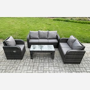 Fimous 6 Seater Outdoor Rattan Garden Furniture Set Rattan Lounge Sofa Set with Rectangular Coffee Table Reclining Chair Dark Grey Mixed