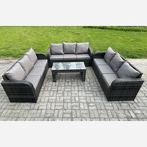 Fimous Outdoor Lounge Sofa Set 9 Seater Rattan Garden Furniture Set with Rectangular Coffee Table 3 Seater Sofa Dark Grey Mixed