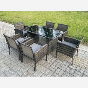 Fimous Wicker PE Outdoor Rattan Garden Furniture Arm Chair And Table Dining Sets 6 Seater Rectangular Table Dark Grey Mixed