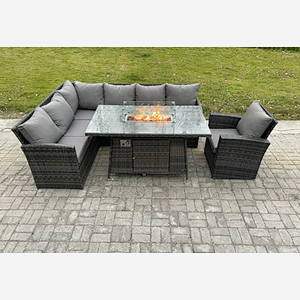 Fimous Rattan Garden Furniture High Back Corner Sofa Gas Fire Pit Dining Table Sets Gas Heater with Armchair 7 Seater Dark Grey Mixed