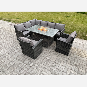 Fimous Rattan Garden Furniture High Back Corner Sofa Gas Fire Pit Dining Table Sets Gas Heater with 2 Armchairs 8 Seater Dark Grey Mixed