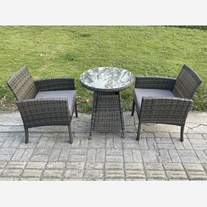 Fimous Wicker PE Outdoor Rattan Garden Furniture Arm Chair And Table Dining Sets 2 Seater Small Round Table Dark Grey Mixed