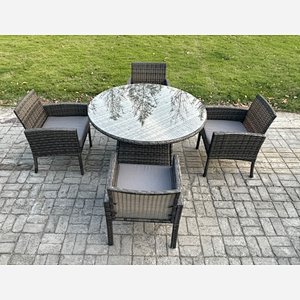Fimous Wicker PE Outdoor Rattan Garden Furniture Arm Chair And Table Dining Sets 4 Seater Medium Round Table Dark Grey Mixed