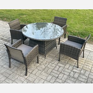 Fimous Wicker PE Outdoor Rattan Garden Furniture Arm Chair And Table Dining Sets 4 Seater Large Round Table Dark Grey Mixed