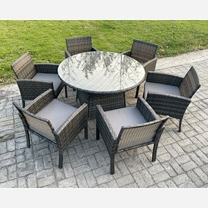 Fimous Wicker PE Outdoor Rattan Garden Furniture Arm Chair And Table Dining Sets 6 Seater Large Round Table Dark Grey Mixed