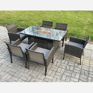 Fimous Outdoor Rattan Garden Furniture Set Gas Fire Pit Rectangular Table Sets Gas Heater with 6 Seater Dining Cahirs Dark Grey Mixed