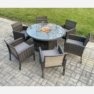 Fimous Outdoor Rattan Garden Furniture Set Gas Fire Pit Round Table Sets Gas Heater with 6 Seater Dining Cahirs Dark Grey Mixed