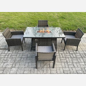 Fimous Outdoor Rattan Garden Furniture Set Gas Fire Pit Rectangular Table Sets Gas Heater with 4 Seater Dining Cahirs Dark Grey Mixed