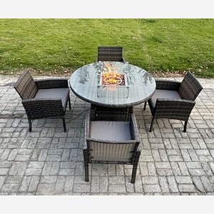 Fimous Outdoor Rattan Garden Furniture Set Gas Fire Pit Round Table Sets Gas Heater with 4 Seater Dining Cahirs Dark Grey Mixed