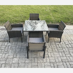 Fimous Wicker PE Outdoor Rattan Garden Furniture Arm Chair And Table Dining Sets 4 Seater Square Dining Table Dark Grey Mixed