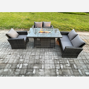 Fimous Rattan Outdoor Garden Furniture Gas Fire Pit Table Sets Gas Heater with Double Seat Sofa Armchair 5 Seater Dark Mixed Grey