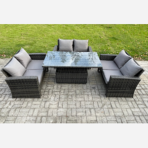 Fimous 6 Seater Rattan Wicker Garden Furniture Patio Conservatory Sofa Set with Height Adjustable Rising Lifting Table Double Seat Sofa