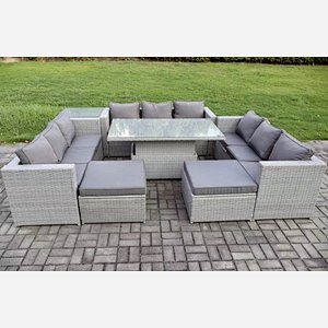 Fimous 11 Seater Outdoor PE Rattan Garden Funiture Set Height Adjustable Rising Lifting Table Sofa Dining Set with Side Table 2 Big Footstools