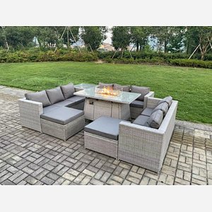 Fimous 11 Seater Outdoor Garden Dining Sets Rattan Furniture Gas Fire Pit Dining Table Gas Heater with Side Table 2 Big Footstools Light Grey
