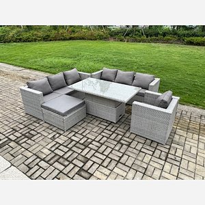 Fimous Outdoor PE Rattan Garden Funiture Set Height Adjustable Rising Lifting Table Sofa Dining Set with Armchair Big Footstool