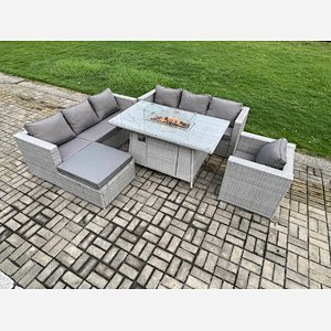 Fimous 8 Seater Outdoor Garden Dining Sets Rattan Furniture Gas Fire Pit Dining Table Gas Heater with Armchair Big Footstool Light Grey