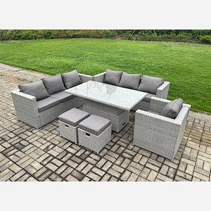 Fimous 9 Seater Outdoor PE Rattan Garden Funiture Set Height Adjustable Rising Lifting Table Sofa Dining Set with Armchair 2 Small Footstools