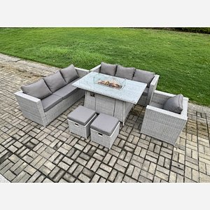 Fimous 9 Seater Outdoor Garden Dining Sets Rattan Furniture Gas Fire Pit Dining Table Gas Heater with Armchair 2 Small Footstools Light Grey