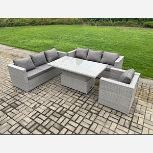 Fimous Outdoor PE Rattan Garden Funiture Set Height Adjustable Rising Lifting Table Sofa Dining Set with Armchair