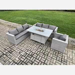 Fimous 7 Seater Outdoor Garden Dining Sets Rattan Furniture Gas Fire Pit Dining Table Gas Heater with Armchair Light Grey