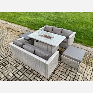 Fimous 8 Seater Garden Dining Sets Outdoor Rattan Furniture Gas Fire Pit Dining Table Gas Heater with 2 Big Footstools Light Grey