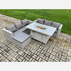 Fimous Garden Dining Sets Outdoor Rattan Furniture Gas Fire Pit Dining Table Gas Heater with Big Footstool Light Grey