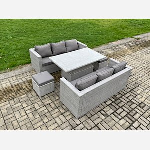 Fimous Outdoor Rattan Garden Funiture Set Height Adjustable Rising Lifting Table Sofa Dining Set with 2 Small Footstools