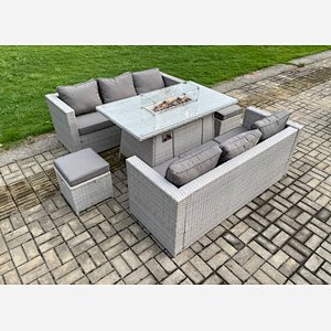 Fimous Garden Dining Sets Outdoor PE Rattan Furniture Gas Fire Pit Dining Table Gas Heater with 2 Small Footstool Light Grey