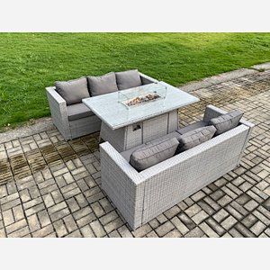 Fimous Outdoor Garden Dining Sets Rattan Furniture Gas Fire Pit Dining Table Gas Heater Light Grey