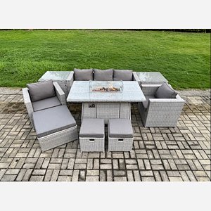Fimous Outdoor Garden Dining Sets Rattan Furniture Gas Fire Pit Dining Table With 2 Armchairs 2 Side Tables 3 Footstools Light Grey