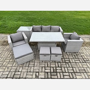 Fimous Outdoor Rattan Garden Funiture Set Height Adjustable Rising Lifting Table Sofa Dining Set with 2 Armchairs Side Table Footstools