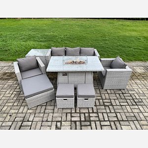 Fimous Outdoor Garden Dining Sets Rattan Furniture Gas Fire Pit Dining Table With 2 Armchairs Side Table 3 Footstools Light Grey