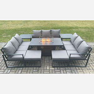 Fimous Aluminium 11 Seater Garden Furniture Outdoor Set Patio Lounge Sofa Gas Fire Pit Dining Table Set with 2 Big Footstools 2 Side Tables Dark Grey