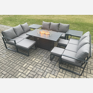 Fimous Aluminium Garden Furniture Outdoor Set Patio Lounge Sofa Gas Fire Pit Dining Table Sets with 3 Footstools 2 Side Tables Dark Grey