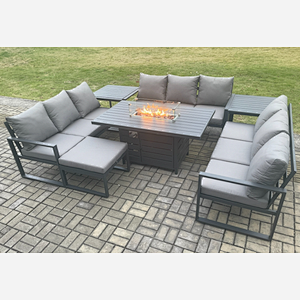 Fimous Aluminium 10 Seater Garden Furniture Outdoor Set Patio Lounge Sofa Gas Fire Pit Dining Table Set with Big Footstool 2 Side Tables Dark Grey