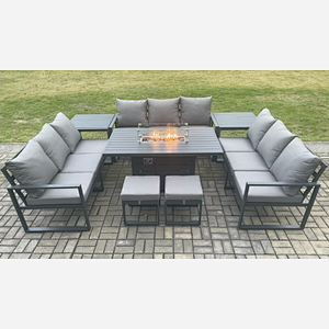 Fimous Aluminium 11 Seater Garden Furniture Outdoor Set Patio Lounge Sofa Gas Fire Pit Dining Table Set with 2 Small Footstools 2 Side Tables Dark Grey