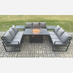 Fimous Aluminium 9 Seater Garden Furniture Outdoor Set Patio Lounge Sofa Gas Fire Pit Dining Table Set with 2 Side Tables Dark Grey