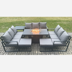Fimous Aluminium 11 Seater Garden Furniture Outdoor Set Patio Lounge Sofa Gas Fire Pit Dining Table Set with 2 Big Footstools Side Table Dark Grey