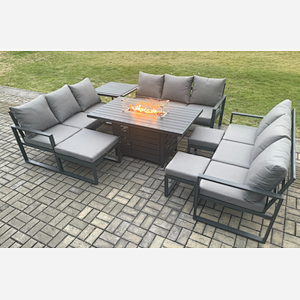 Fimous Aluminium Garden Furniture Outdoor Set Patio Lounge Sofa Gas Fire Pit Dining Table Set with 3 Footstools Side Table Dark Grey