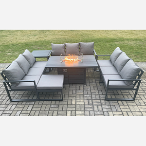 Fimous Aluminium 10 Seater Garden Furniture Outdoor Set Patio Lounge Sofa Gas Fire Pit Dining Table Set with Big Footstool Side Table Dark Grey