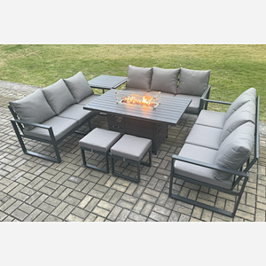Fimous Aluminium 11 Seater Garden Furniture Outdoor Set Patio Lounge Sofa Gas Fire Pit Dining Table Set with 2 Small Footstools Side Table Dark Grey