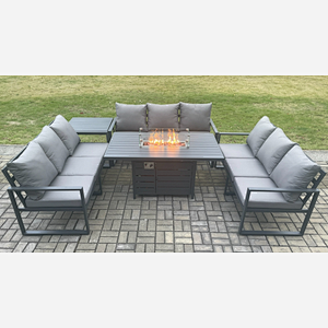 Fimous Aluminium 9 Seater Garden Furniture Outdoor Set Patio Lounge Sofa Gas Fire Pit Dining Table Set with Side Table Dark Grey